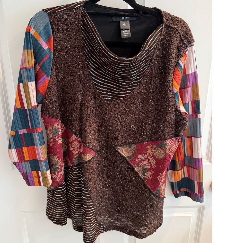 Ali Miles Womens Mixed Media Patchwork Tunic Top Brown Floral Striped Large